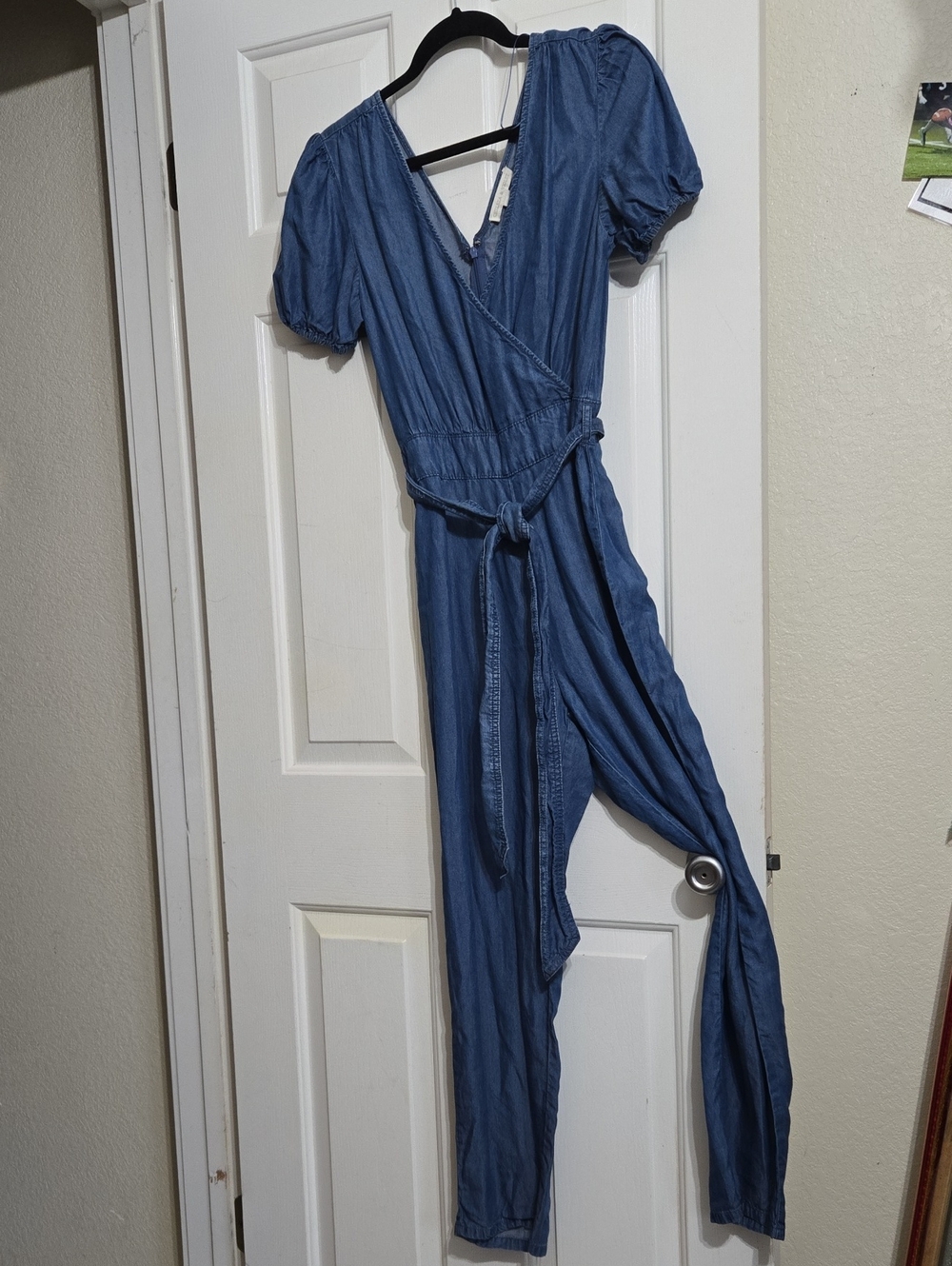 Chelsea & Violet Blue Denim-Style Wrap Jumpsuit with Tie Waist